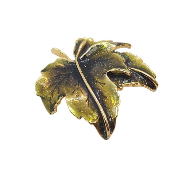 Vintage Autumn Leaf Brooch Green Glitter Enamel Gold Tone - Picture 6 of 10